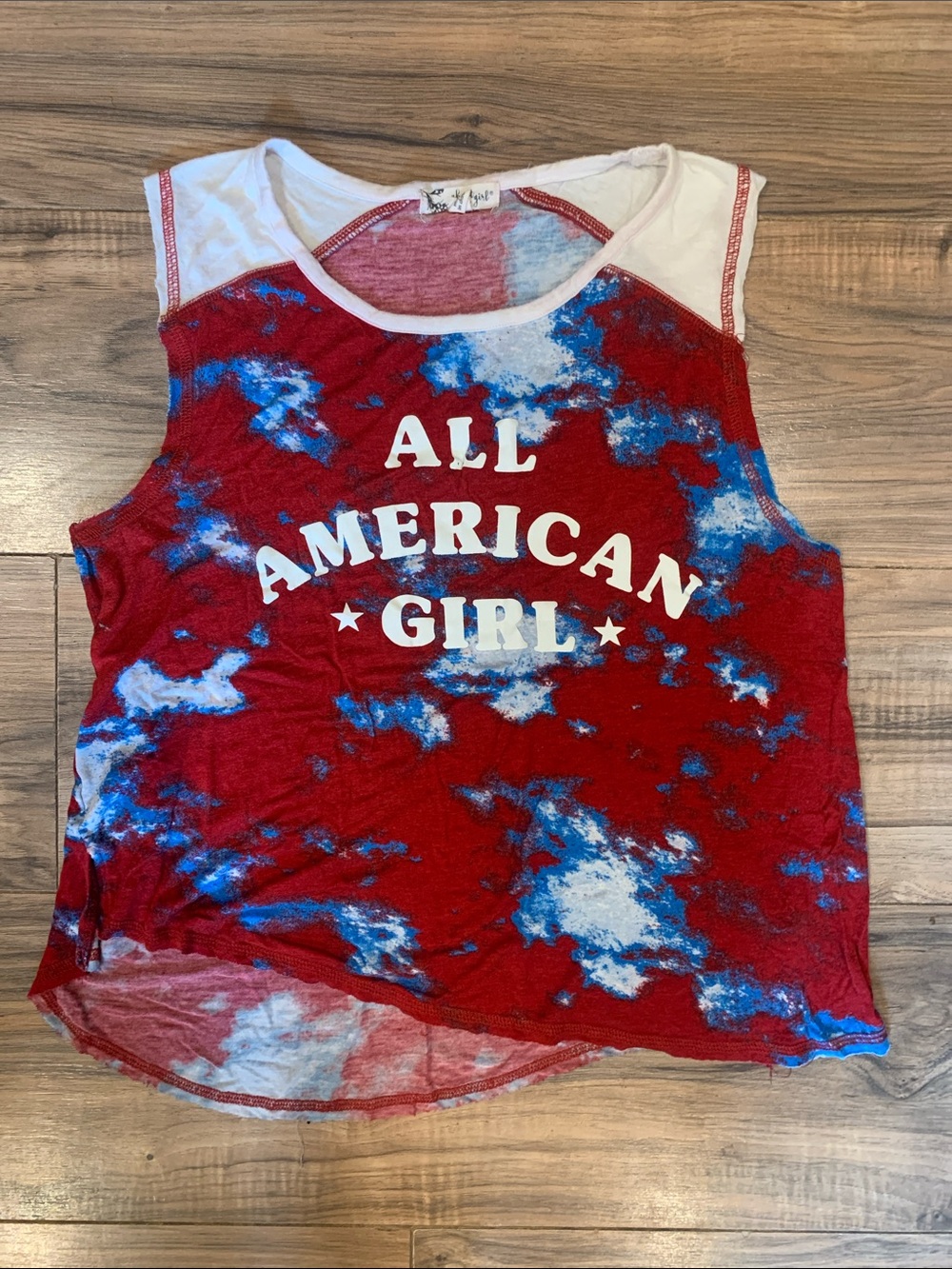 Women's About a Girl All American Girl Graphic Print Red Blue Tie Dye Tank Top L